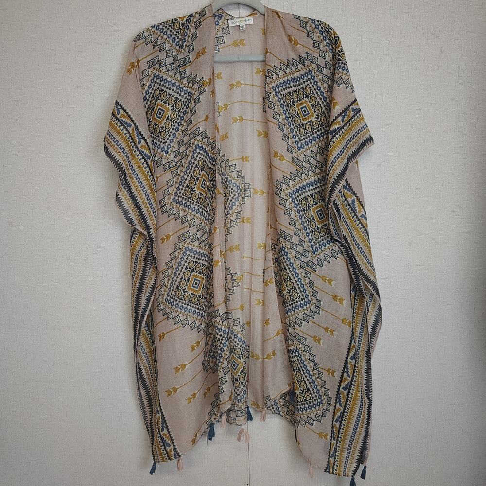 Woven Heart Kimono Cardigan One Size Geometric Tassel Boho Western Open Front